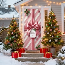Christmas Door Cover, Pink Christmas Gift, Bow Door Cover, Hanging Banner Front Door Backdrop Ornaments Decorations, Photography Background, for Winter Holiday New Year Party, 71 x 35 Inch