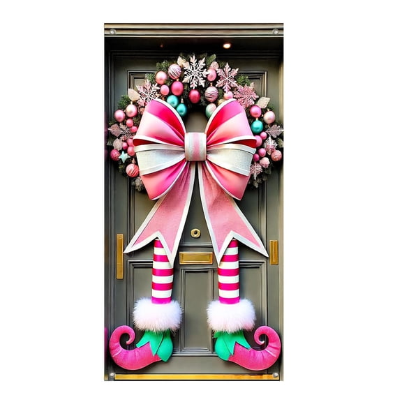 Christmas Door Cover Pink Elf Legs Bow Polyester 35.4*70.8In