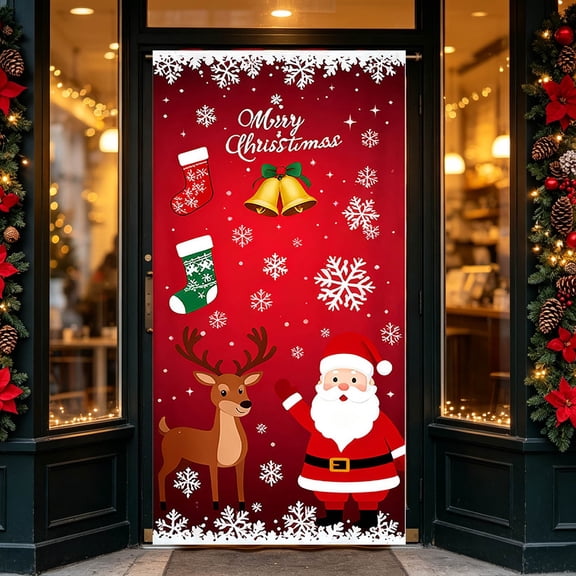 Christmas Door Cover, Polyester Front Door Tapestry with Santa Reindeer and Stockings Print and Hanging Holes for Porch, Entryway, Wall and Party Backdrop, 35 x 71 Inch