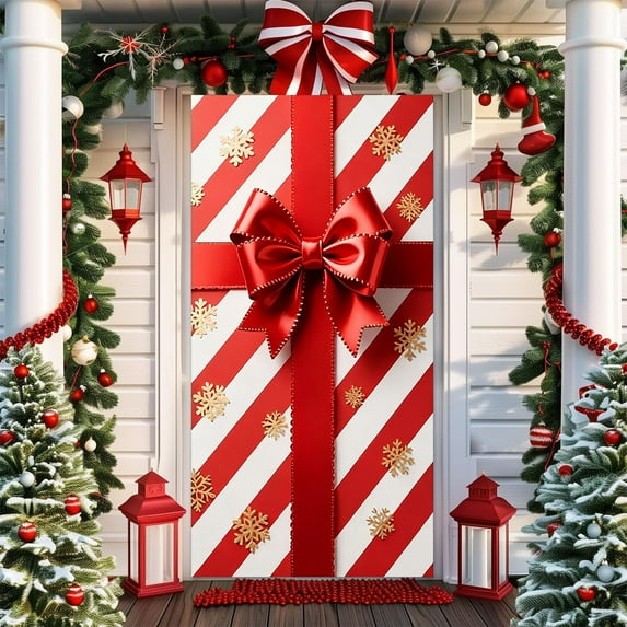 Christmas Door Cover, Red Xmas Gift Box Holiday Decoration Doorway Door Curtains Banners Backdrop Background Decor Christmas Party Decorations, for Indoor Outdoor, 35"x79"