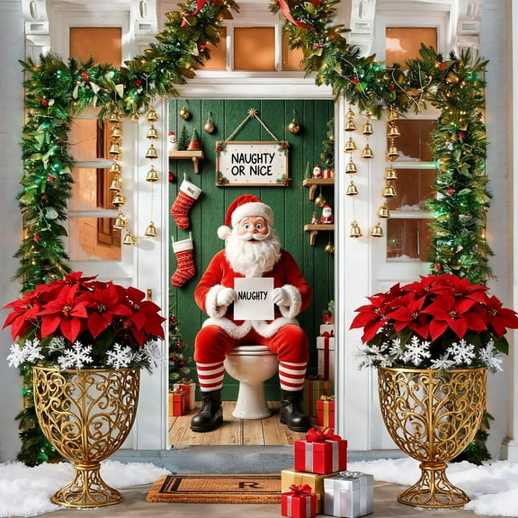 Christmas Door Cover,Santa Claus Design 35x71 Inch Polyester Fabric Door Decoration for Front Door,Wall,Table Cover Festive Decor