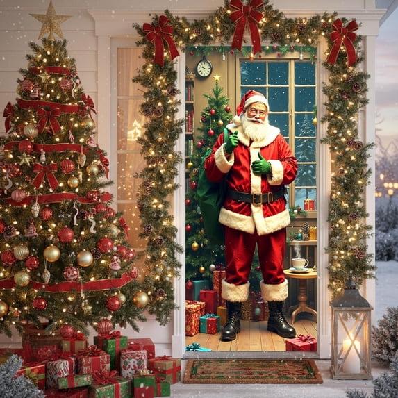 Christmas Door Cover Santa Claus Design, Festive Holiday Door Curtain, Durable Polyester Decor for Home Entrance, Wall, Table Party Decoration, Easy to Install for Christmas Party Decor 35 X 71 Inch