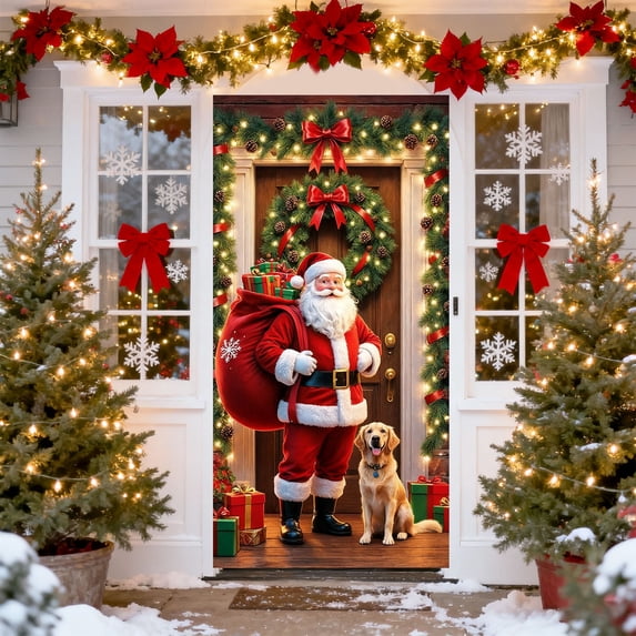 Christmas Door Cover Santa Claus and Dog Door Banner Backdrop Photography Background for Front Door Holiday Decoration Party New Year Welcome Photo Booth Party Wall Hanging Decor 71 x 43