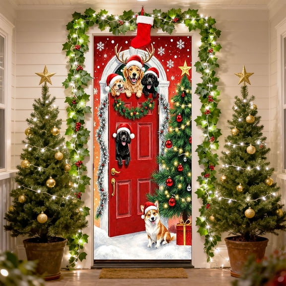 Christmas Door Cover Santa Claus and Dog Door Banner Backdrop Photography Background for Front Door Holiday Decoration Party New Year Welcome Photo Booth Party Wall Hanging Decor 71 x 43