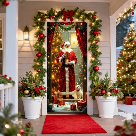 ‌Christmas Door Cover - Santa Claus & Dog Scene,35.43in x 70.87in,Waterproof,Reusable,Holiday Decor,Garage/Door/Wall,Easy Install,Festive Christmas Decorations‌