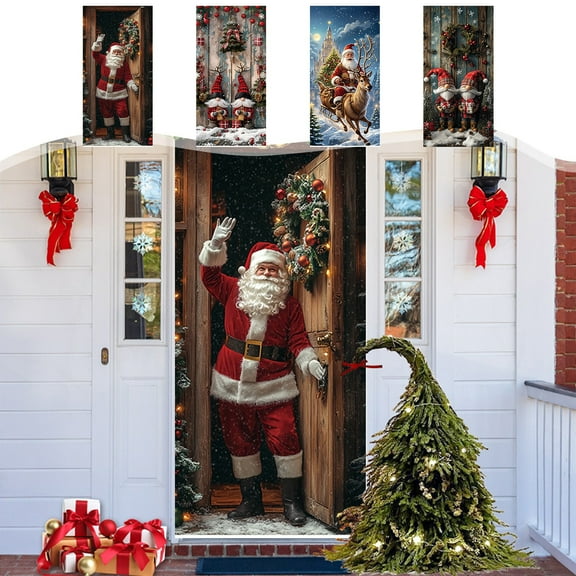 Christmas Door Cover Santa Claus Door Decoration 35X70Inch Santa Claus Front Door Cover Hanging Banner Backdrop Photography Background for Winter Holiday Christmas New Year Party Home Decor
