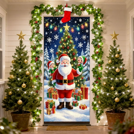 Christmas Door Cover – Santa Claus Pattern 35 x 71 Inch Polyester Banner – Multicolor Front Door Decoration for Holiday Party & Home Decor