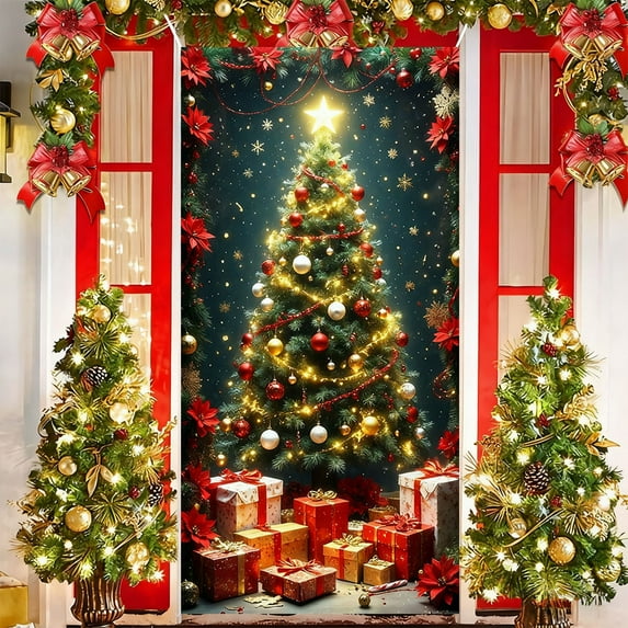 Christmas Door Cover Santa Claus Pattern Polyester Holiday Door Decoration - Party Festival Home Decor(I)