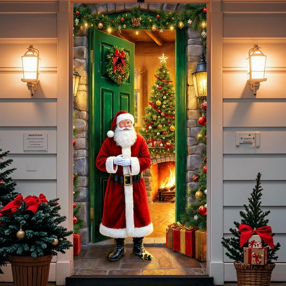 Christmas Door Cover – Santa Claus Polyester Door Curtain for Front Door, Wall, or Holiday Party Decorations