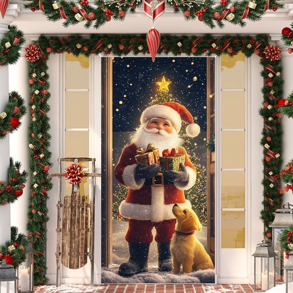 Christmas Door Cover Santa Claus Theme Holiday Decoration For Festival Party Scenarios Measuring 35x71 Inches Durable Material