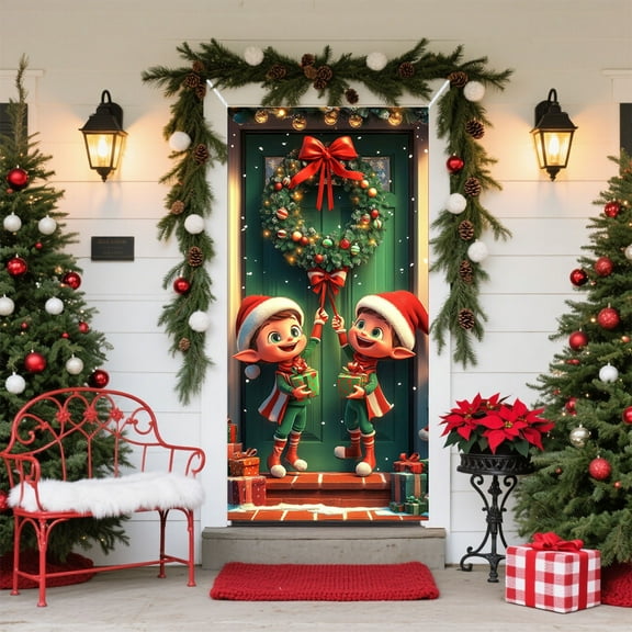 Christmas Door Cover Santa Claus Theme Holiday Decoration For Festival Party Scenarios Measuring 35x71 Inches Durable Material