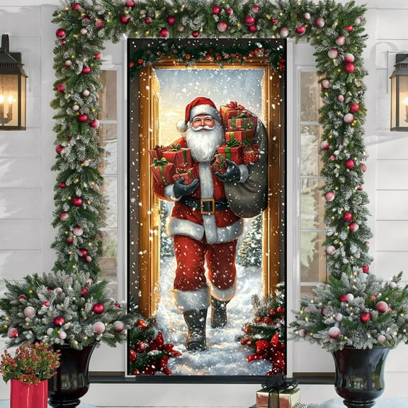 Christmas Door Cover Santa Claus Theme Holiday Decoration For Festival Party Scenarios Measuring 35x71 Inches Durable Material