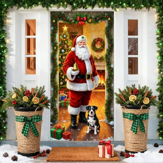 Christmas Door Cover - Santa-Print Door Banner Weather-Proof Fast Install, Indoor Outdoor Holiday Backdrops for Entryway or Party Photo