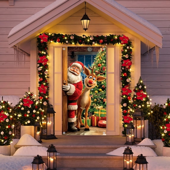 Christmas Door Cover, Santa Reindeer Welcome Design - 3x6FT Festive Holiday Door Curtain for Front Door Decor, Winter Party Background, Xmas Hanging Decoration