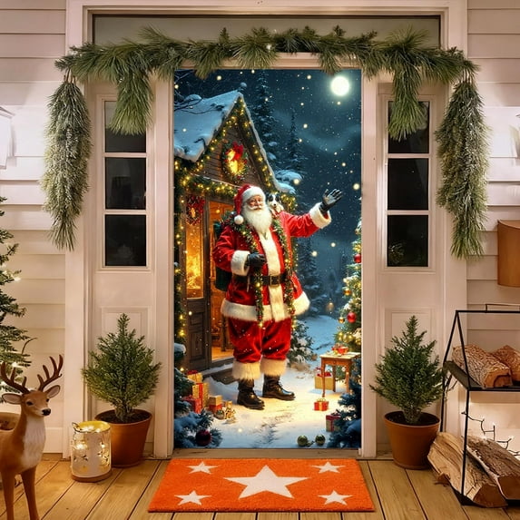 ‌Christmas Door Cover - Snowman Wreath with LED Lights,Red & Gold Ornaments,70.87in x 35.43in,Waterproof,Easy Install,Holiday Decor for Front Door,Garage Door,Wall‌
