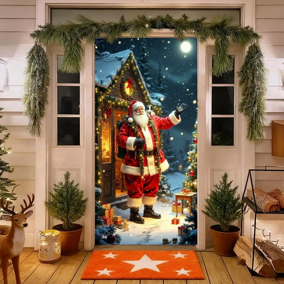 ‌Christmas Door Cover - Snowman Wreath with LED Lights,Red & Gold Ornaments,70.87in x 35.43in,Waterproof,Easy Install,Holiday Decor for Front Door,Garage Door,Wall‌