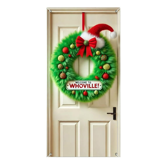 Christmas Door Cover Snowman Xmas Decor Banner 35x71 Festive Wreath Backdrop Winter Front Door Hanging Banner Ornament Porch Entryway Decoration