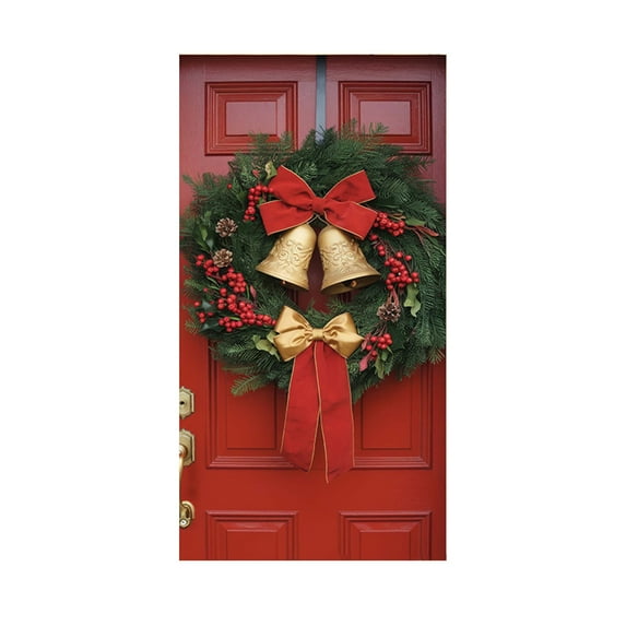Christmas Door Cover Swag with Golden Bells and Red Bow Hanging Banner Backdrop Photography Background Decoration Holiday Door Hanging Cover Winter New Year -71x35 inch