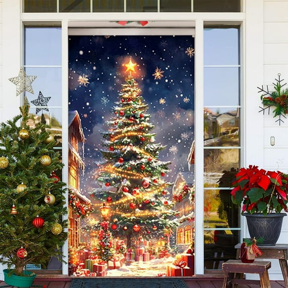Christmas Door Cover Xmas Door Banner, 1 Pack 36x83 Inch Standard Stretch Polyester Tool-Free Setup Removal Indoor Outdoor Reusable for Front Door & Storefront Window