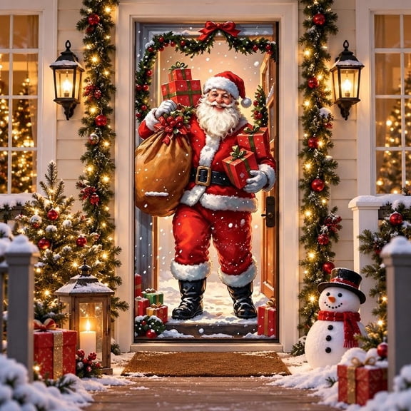 Christmas Door Cover Xmas Winter Decorations for Home Decor,Fabric Door Cover Decor Christmas for Outdoor Porch, Holiday Xmas, Farmhouse Home Office Party(Z)