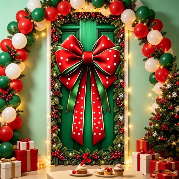 Christmas Door Cover with Large Red Polka Dot Bow,72"x36" Xmas Front Door Banner for Holiday Party Decor