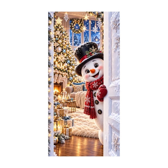 Christmas Door Cover with Snowman Black Hat Design Elastic Front Door Decoration for Holiday Party 70.87 x 35.43 in