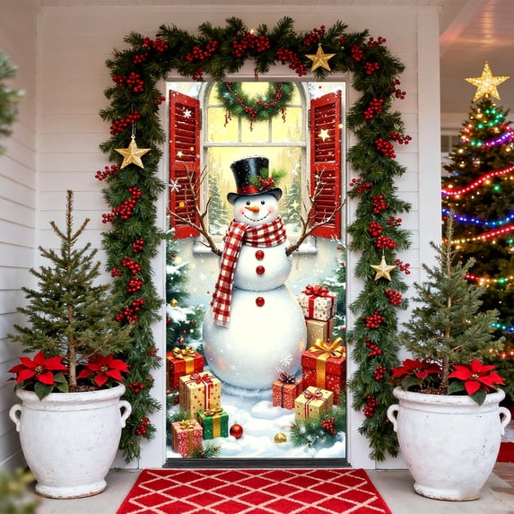Christmas Door Cover with Snowman, Winter Holiday Hanging Porch Sign for Home Indoor Outdoor Party Decor, 35''x71''