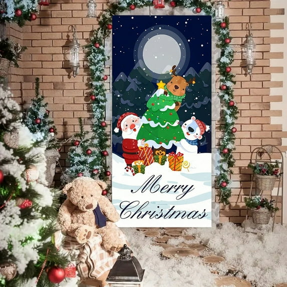 Christmas Door Covers for Front Door,Christmas Door Decorations Covers,Merry Christmas Photography Outdoor Sign,Christmas Door Curtain Outdoor Santa Claus and Puppy Background Decoration