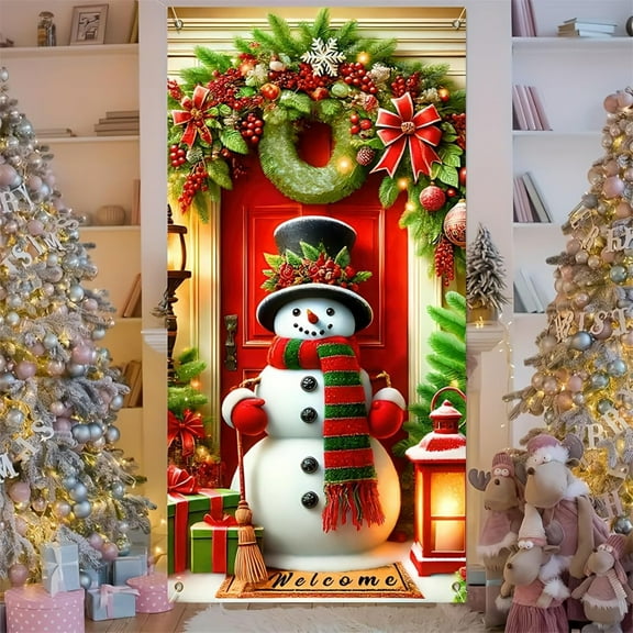 Christmas Door Curtain - 180x90cm HD Printed Holiday Backdrop, Waterproof Porch Decor, Quick-Install Photo Booth Background, Reusable Storefront Decoration