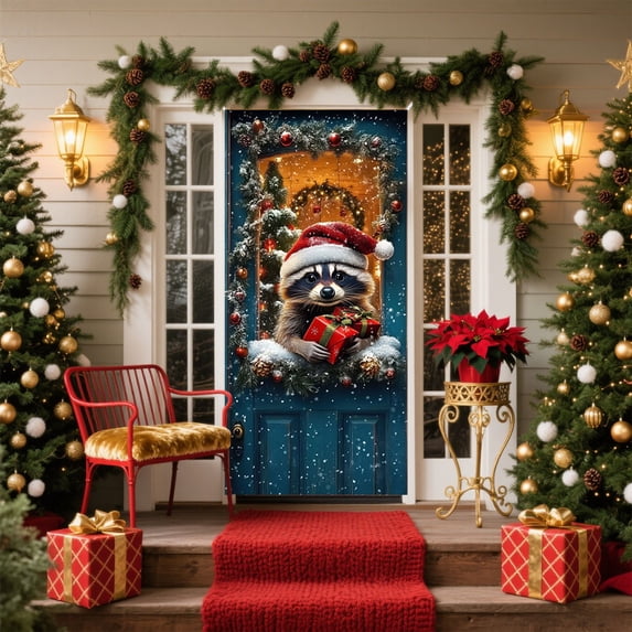 Christmas Door Curtain Banner, 35x71 Inch reversible Front Door Cover for Indoor/Outdoor Holiday Fun
