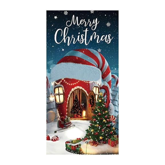 Christmas Door Curtain Cover – 71"x35" Waterproof Polyester Christmas Scene Decoration – Reusable Holiday Door Backdrop for Front Door, Porch, Window, Party, Store Display