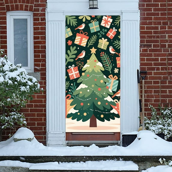 Christmas Door Curtain Decor, Holiday Scene Background Cover for Front Door Window Party Photo Booth Backdrop(B)