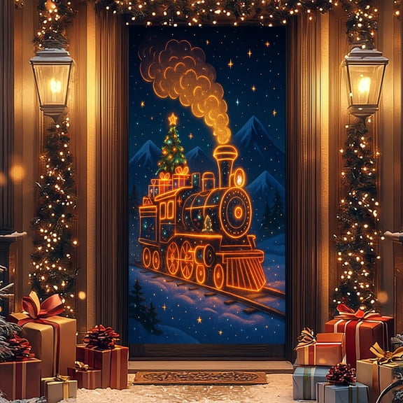 Christmas Door Curtain Decoration - Waterproof Polyester Door Cover with Metal Hanging Loop, Reusable, Double-Stitched Edges for Doors, Windows, Hallways