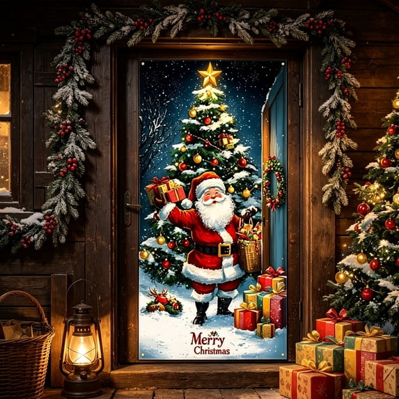 Christmas Door Curtain, Festive Holiday Scene Door Cover and Background Decoration, Seasonal Entryway Hanging Decor for Front Door, Interior Door, Party and Photo Display, C
