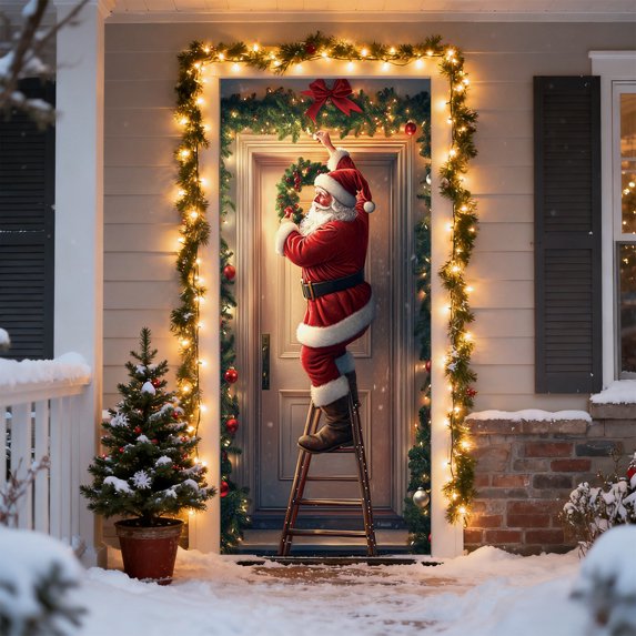 Christmas Door Curtain Hanging Tapestry Holiday Party Decor Background Cloth for Home Room Door Wall Festival Decoration(J)