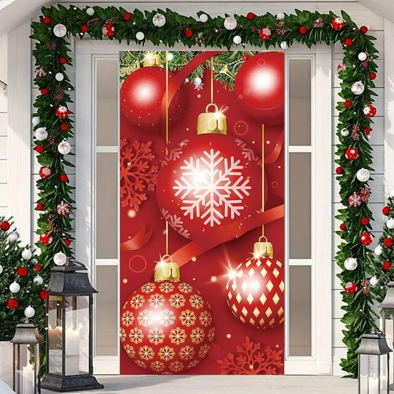 Christmas Door Curtain Holiday Decor with Santa Snowman Reindeer for Front Door Wall Party Festival Decoration Merry Xmas Home Indoor Outdoor Seasonal Celebration