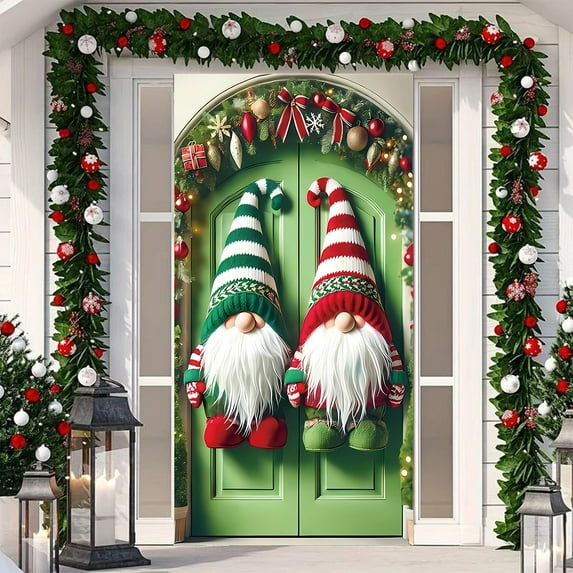 Christmas Door Curtain Holiday Decor with Santa Snowman Reindeer for Front Door Wall Party Festival Decoration Merry Xmas Home Indoor Outdoor Seasonal Celebration