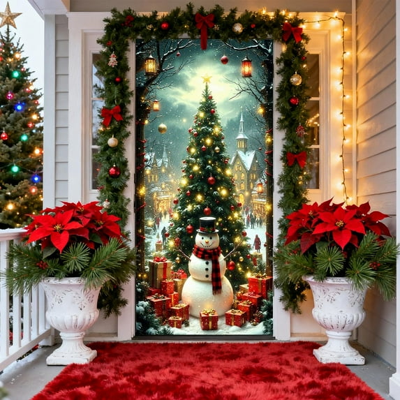 Christmas Door Curtain, Standard Size Polyester Fabric Decorative Cover for Interior Doors, Windows, Walls During Holiday Season(K)