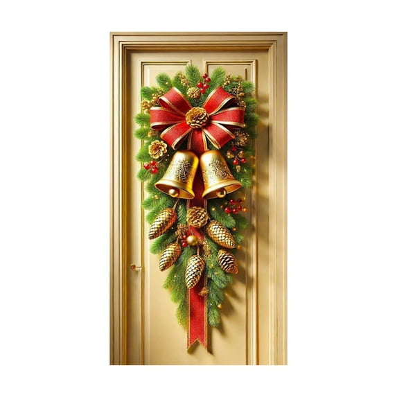 Christmas Door Curtains - Bells Bows Printing Hanging Banners - Holiday Photography Background Background Decoration - 35.5x70.9 inch