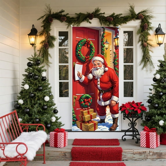 Christmas Door Decoration Cover, Easy Hang Polyester Fabric for Indoor Outdoor Holiday Party Front Door Decor(A)