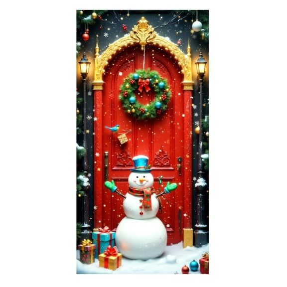Christmas Door Decoration Fabric Snowman Banner Snowy Winter House Backdrop North Pole Wall Scene Cover Christmas Photo Booth Wall Sign for Xmas Winter Holiday Door Decoration (70.9 x 35.4 Inch)