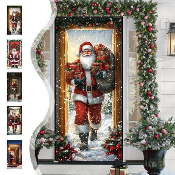 Christmas Door Decorations Christmas Door Cover for Front Door 35X71 Inch Santa Claus Door Cover Large Christmas Door Banner Hanging Background for Christmas Winter Holiday Party Decor