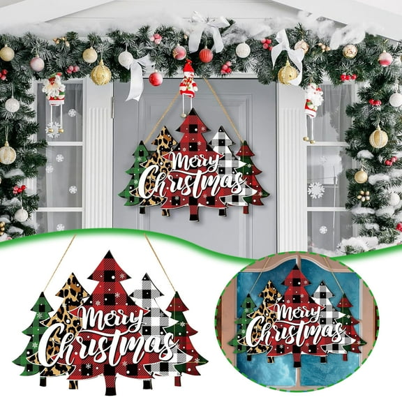 Christmas Door Decorations for Front Door, Farmhouse Christmas Decor Wooden Tree Door Sign,Holiday Porch Plaque for Wall Hanging, Outdoor Indoor Xmas Party Home Supply Decorations