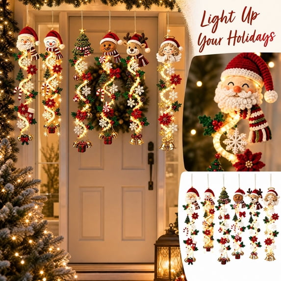 Christmas Door Decorations with Led Lights, Set of 6, Knitted Santa Snowman Reindeer Designs, for Front Porch Entrance, Holiday Decoration