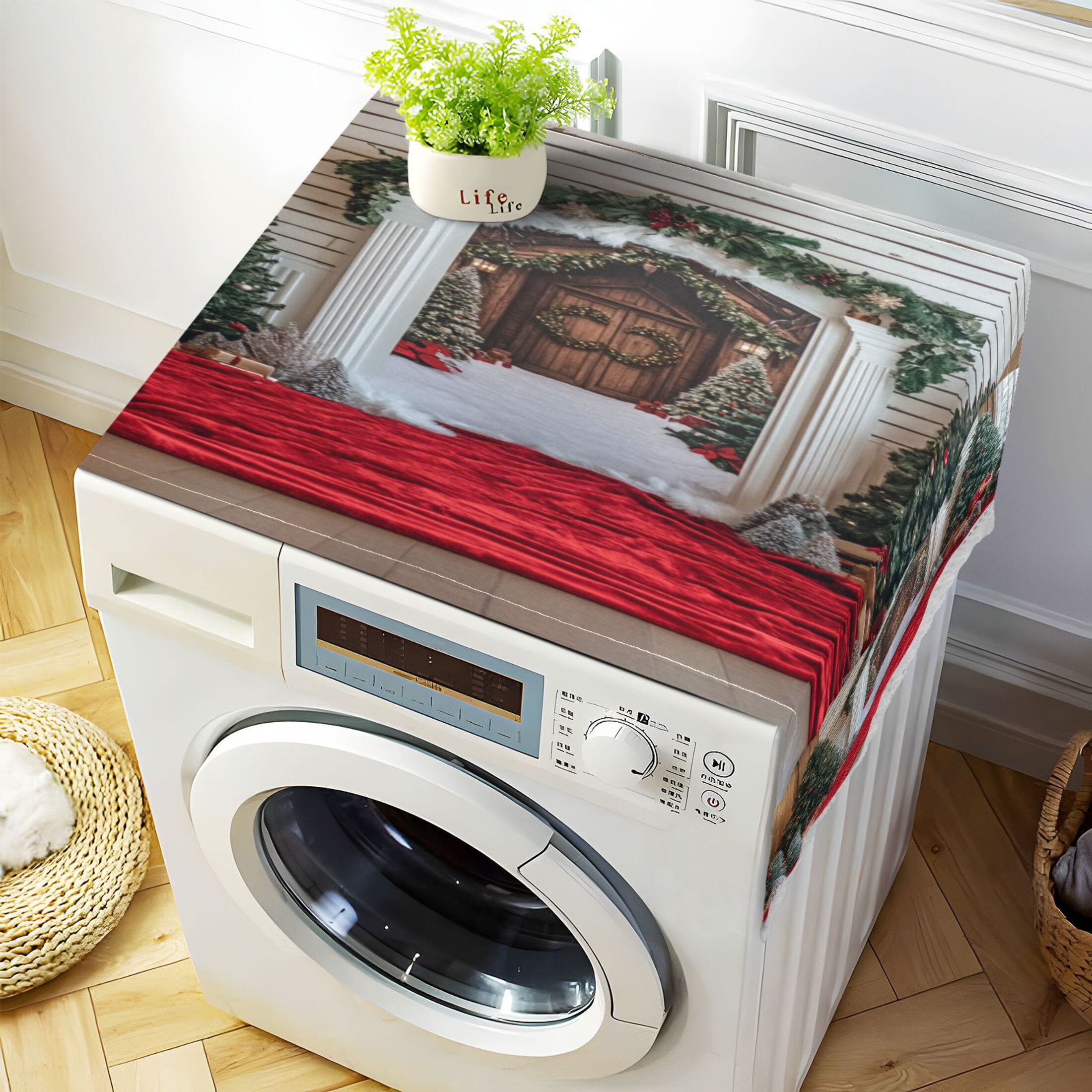 Christmas Door To DoorWasher and Dryer Covers Dust-Proof and Oil Resistant Fridge Cover with 4 Storage Pockets Washing Machine Top Cover for Laundry Kitchen Home 51.2 x 22 In