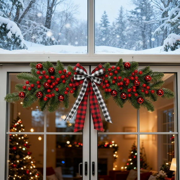 Christmas Door Garland, Red Berries Plaid Bow Pine Needle Wreath Xmas Artificial Decoration, Waterproof Holiday Decor for Front Door