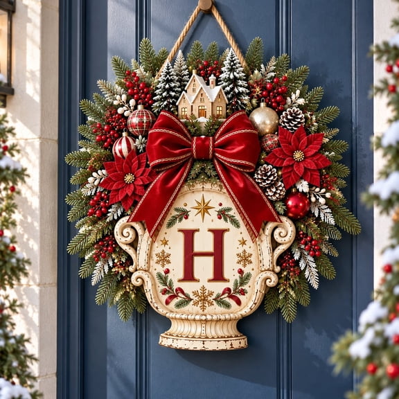 Christmas Door Hanger Snowy Monogram Wooden Front Door Decor Holiday Gift