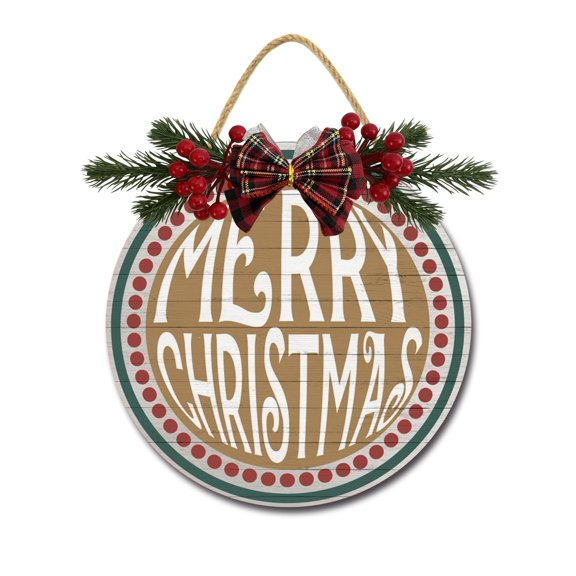 Christmas Door Hanging Sign 11 inch Wooden Wall Sign, Rustic Holiday Wreath Decor for Front Door Porch Home Window Wall Farmhouse Decorations