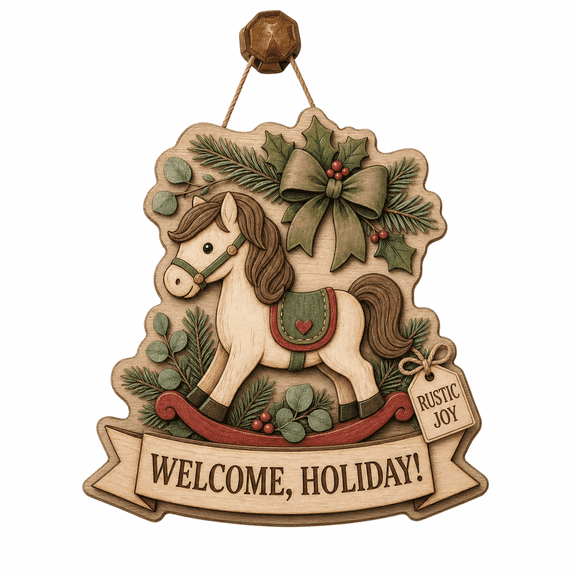 Christmas Door Hanging Sign Rocking Horse and Greenery Wooden Front Door Holiday Entryway Decor