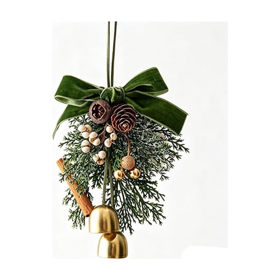 Christmas Door Knob Bell Hanger, Green Velvet Bow Decor, Copper Bells with Faux Cedar, for Door Mantel and Entry Decor